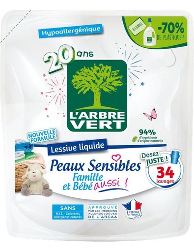 Recharge lessive liquide peaux sensibles 6 x 1,53 L - 34 lavages