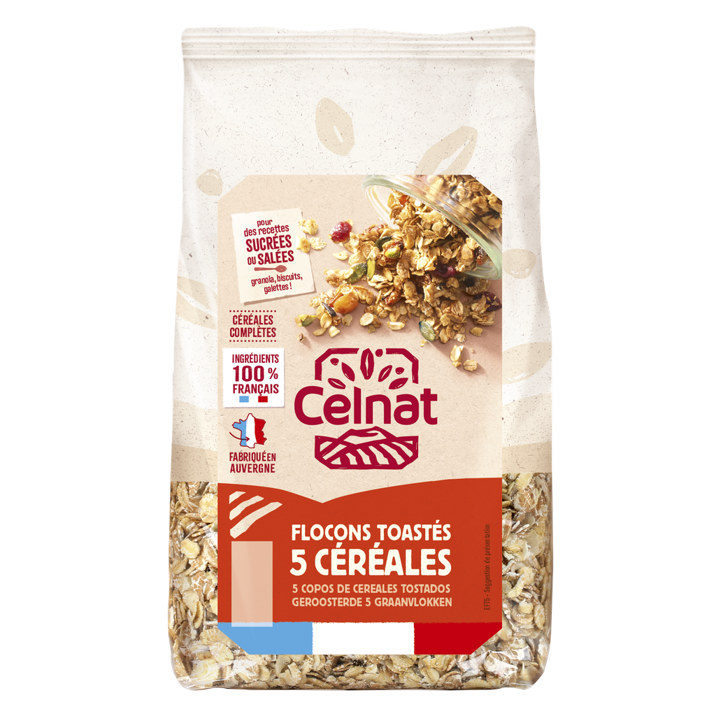 Flocons 5 céréales toastés 100% France BIO 500 gr — Carton de 6 pces
