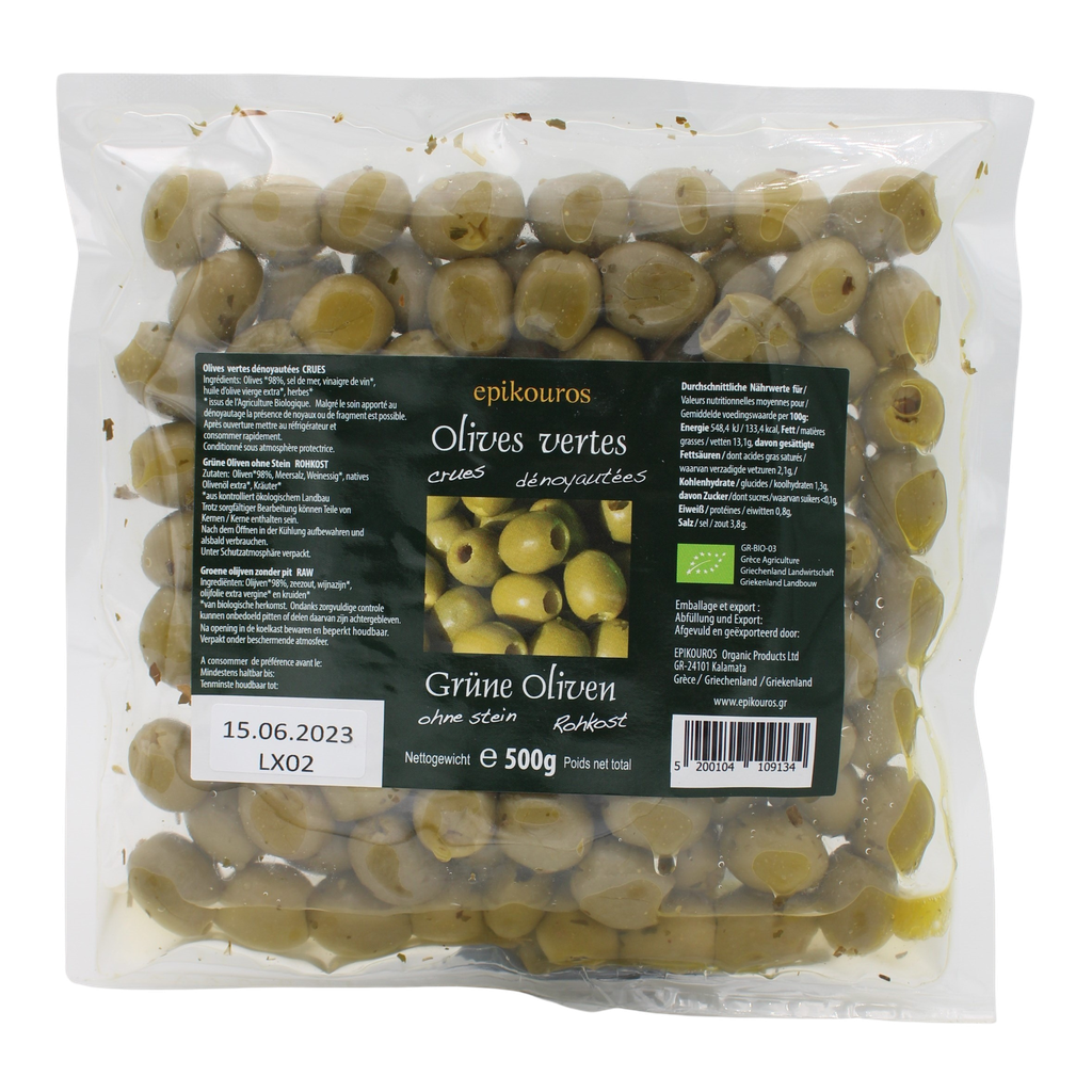 Olives vertes crues ss noyaux 500g — Carton de 2 pces