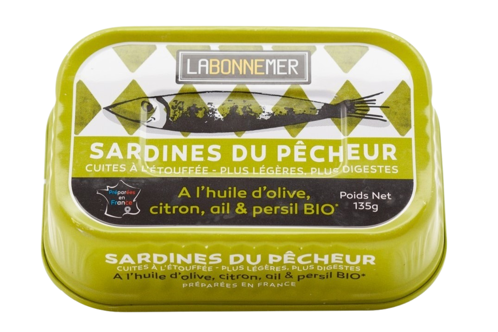 Sardines du Pêcheur, huile d'olive, citron, ail BIO 16 x 135 gr