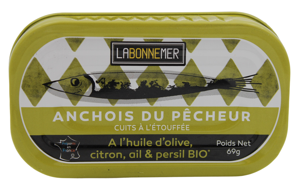 Anchois du Pêcheur , huile d'olive, citron, ail BIO 11 x 69 gr