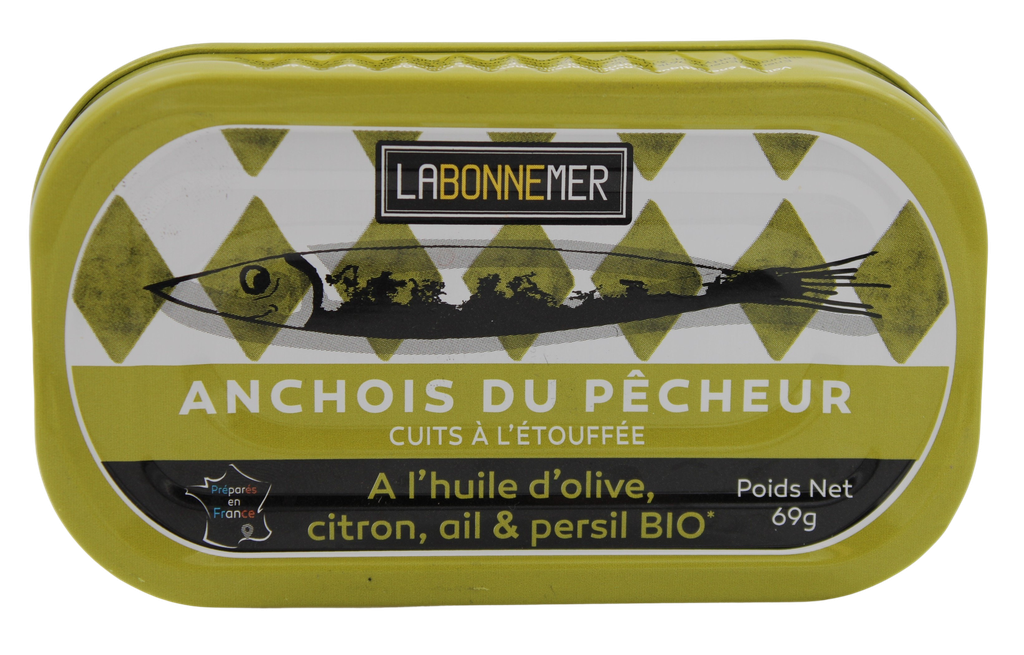 Anchois du Pêcheur , huile d'olive, citron, ail BIO 23 x 69 gr