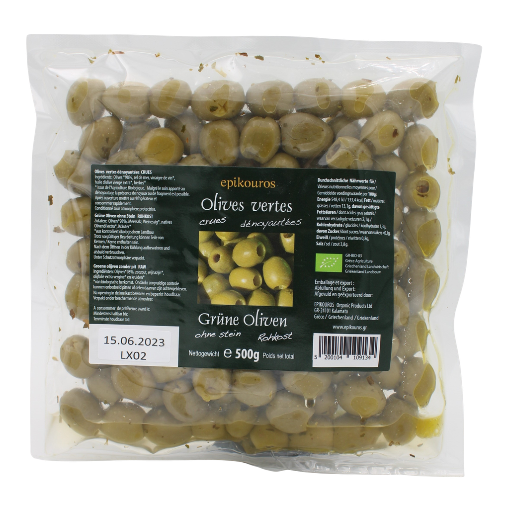 Olives vertes crues dénoyautées BIO 500 gr