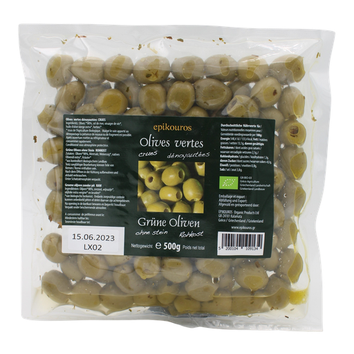 [EPI4300V] Olives vertes crues ss noyaux 500g — Carton de 2 pces